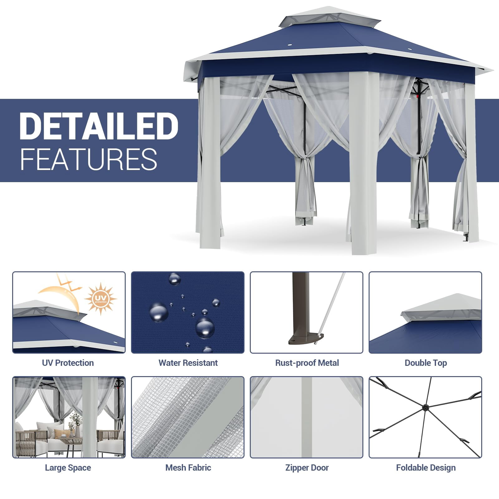 TROPOW Gazebos for Gardens,All Seasons Gazebos,with Adjustable Heights,Outdoor Gazebo for Backyard & Patio Furniture,Pop Up Tent,Blue