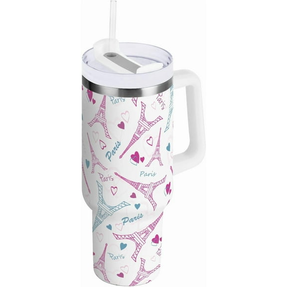 30 oz Tumbler with Lid and Straw Paris Eiffel Tower Heart Cute Water Bottle Insulated Cup with Handle, Stainless Steel Water Cup Fits in Car Cup Holder