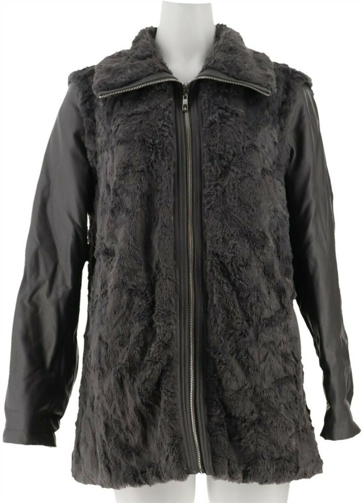 Dennis Basso - Dennis Basso Faux Fur Zip Front Jacket Zip-Off Slvs Women's A280537 - Walmart.com 