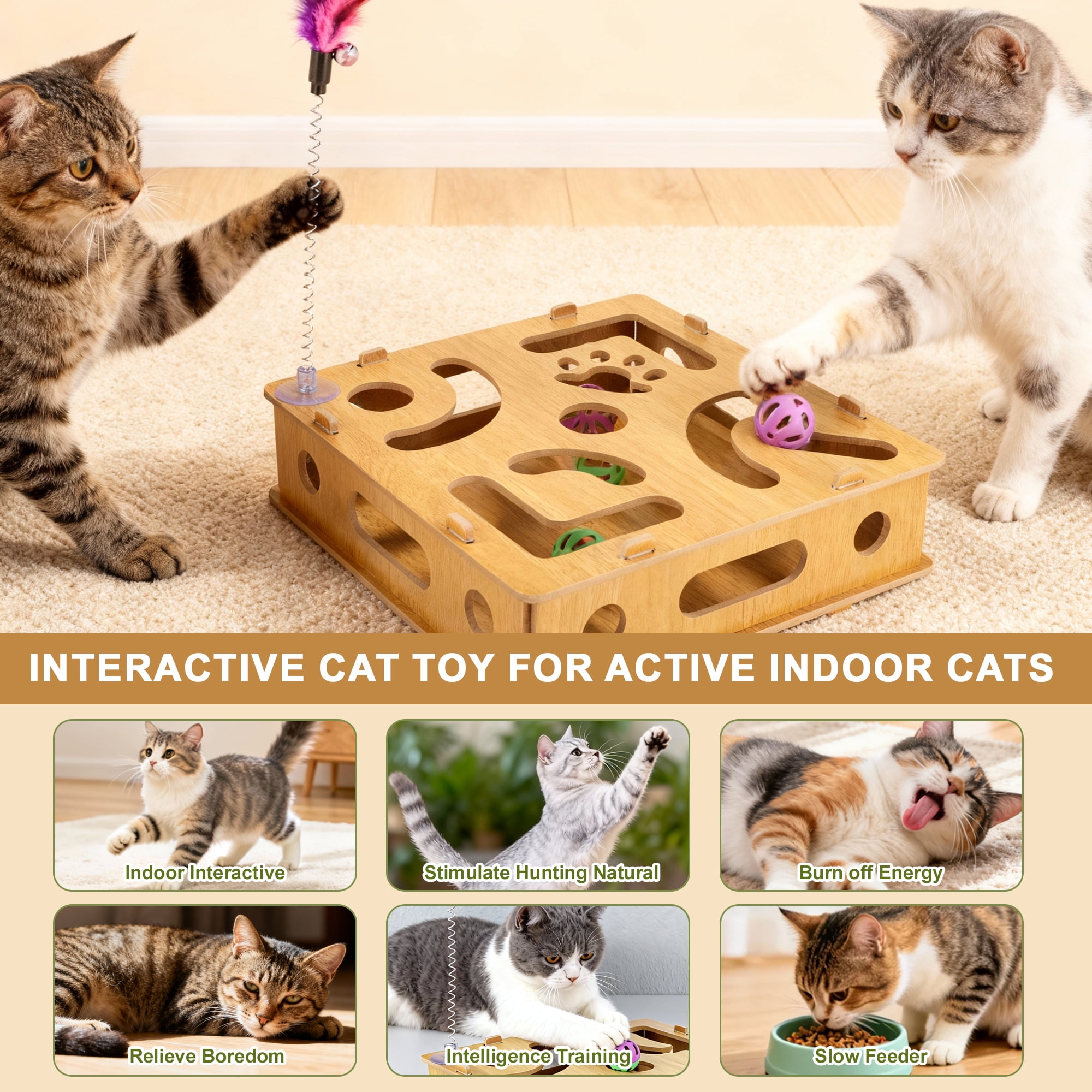 Unique Bargains Cat Toys for Indoor Cats Interactive Wooden Puzzle Toy Box Stimulate Hunting Instincts and Reduce Boredom Wood Color