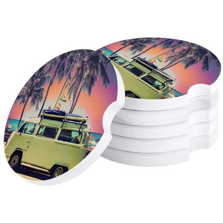 

ZHANZZK Summer Seaside Sunset Bus and Palm Leaves Set of 2 Car Coaster for Drinks Absorbent Ceramic Stone Coasters Cup Mat with Cork Base for Home Kitchen Room Coffee Table Bar Decor
