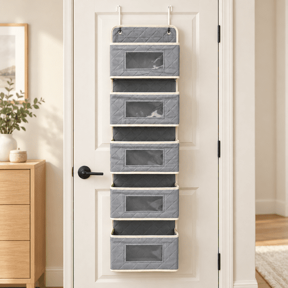 PHANCIR 6-Tier Over the Door Organizer with Clear Window Pockets and Metal Hooks, Hanging Fabric Storage Organizer for Pantry, Bathroom, Bedroom, Closet and Dorm, Gray
