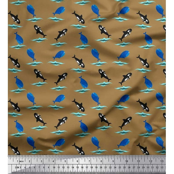 Soimoi Cotton Duck Fabric Waves,Whale & Dolphin Ocean Printed Craft Fabric by The Yard 42 Inch Wide