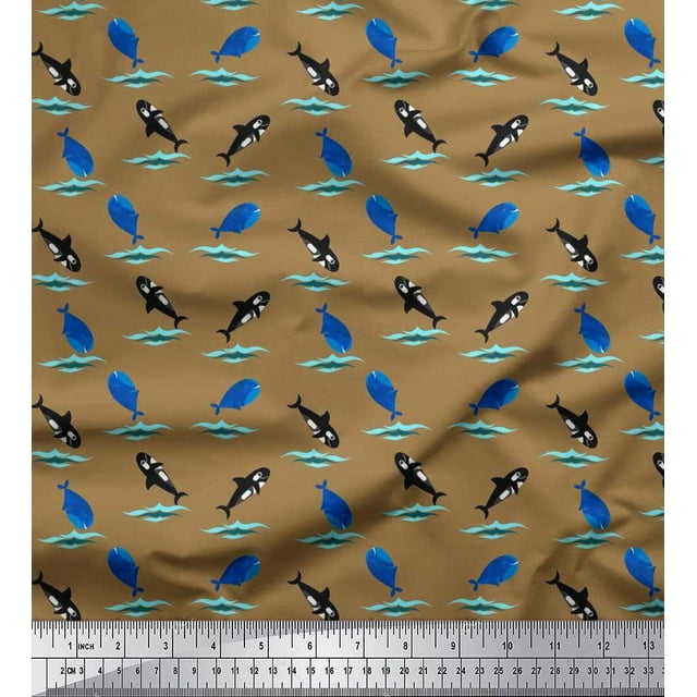 Soimoi Polyester Crepe Fabric Waves,Whale & Dolphin Ocean Printed Fabric 1 Yard 52 Inch Wide