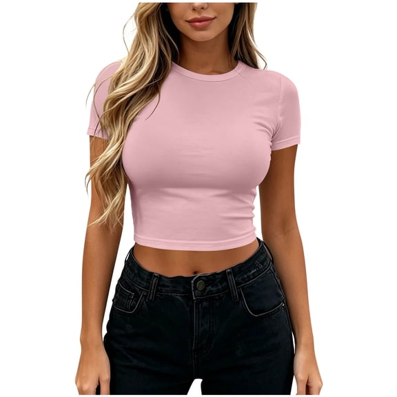 PBFRDSJ Crop Top for Women Slim Fit Basic Stretchy Mini T Shirt Soft Solid Color Going Out Tops Cute Y2K Summer Gym Workout Clothes