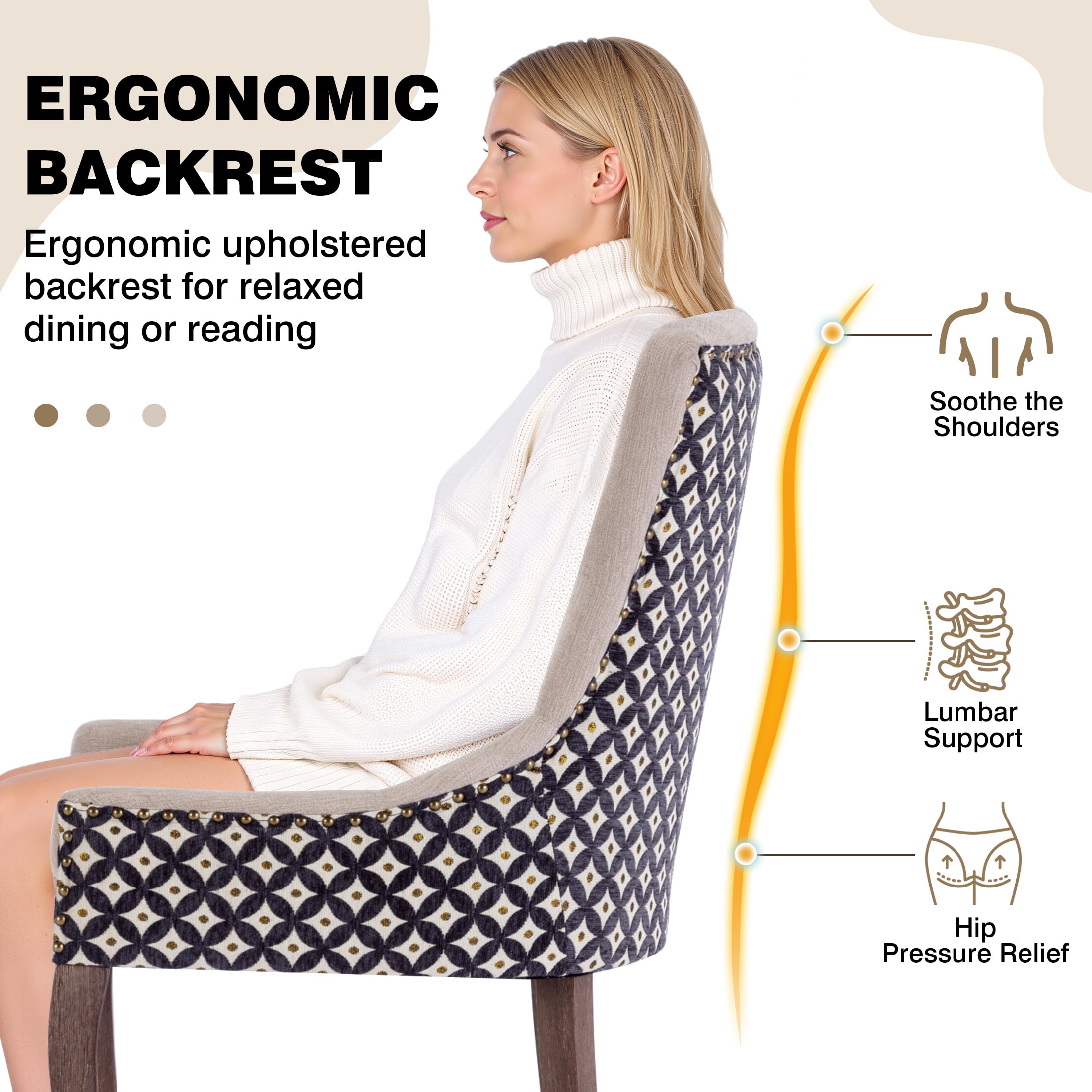 Dining Chairs Set of 2, LEGAHOME Beige Fabric Upholstered Dining Chairs, Mid-century Kitchen Chairs with High Back, Bronze Nail Head, Solid Wood Legs, Beige, 2 Pcs