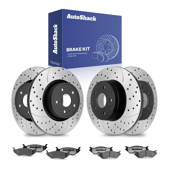 AutoShack Front Vented & Rear Vented Drilled & Slotted E-Coated Brake Rotors   Ceramic Pads 12-PC Brake Kit Replacement for 2002-2004 Dodge Ram 1500 2004 Dodge Durango ShadowGuard