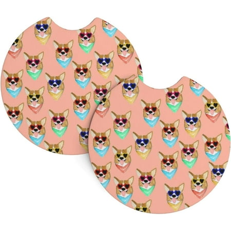 

2 Pack Car Coasters Colorful-Corgi-Love-Sunglass Neoprene Cup Holder Pad Set Round Auto Cup Holder Insert Drink Coaster