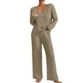 thumbnail image 2 of 2 Piece Outfits for Women V Neck Long Sleeve Knit Sweater Top and Wide Leg Pants Ribbed Lounge Matching Set Fall Winter Camel 2XL, 2 of 6