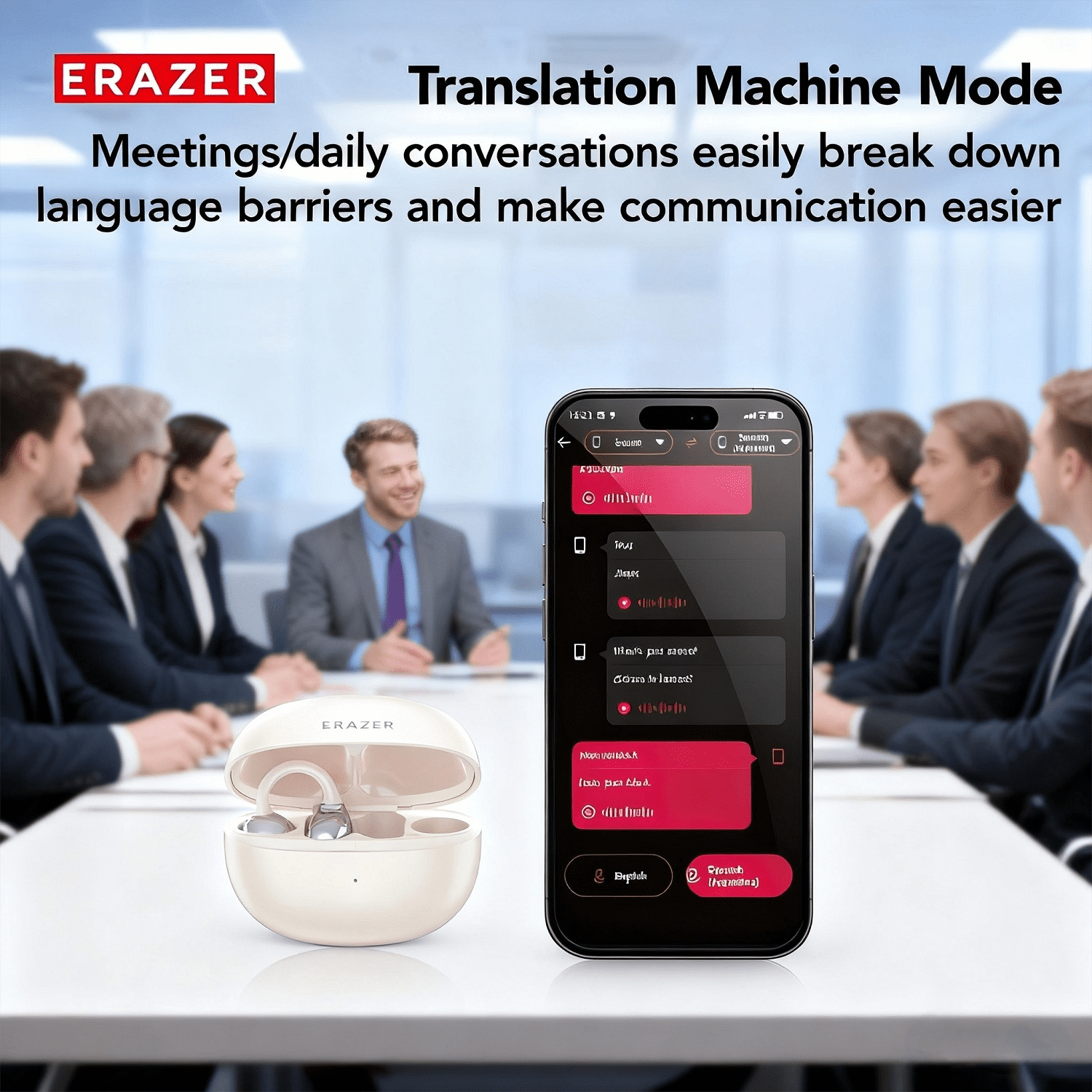 ERAZER XF36 Bluetooth 6.0 Wireless Clip-on Open-Ear Earbuds with AI Translator for 130+ Languages, Noise-Cancelling Headphones, 40H Playtime, IPX5 Waterproof, Off-Beige