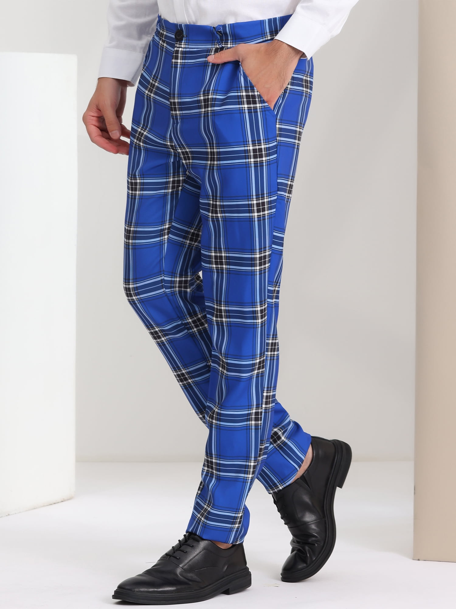 Unique Bargains Men's Dress Pants Casual Flat Front Stretch Business Plaid Pants 28 Navy Blue