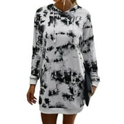 ZXZY Women Tie-Dyed Printed Hooded Long Sleeves Drawstring Mini Dress