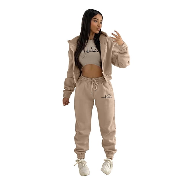 Weiqiqre Mode Automne pour Femmes 2024 Impression de Noël Chandails à Capuchon à Manches Longues Gilets Pantalons de Survêtement 3 Pcs Saint-Valentin