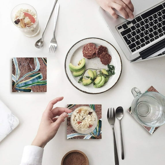 FMSHPON Natural Plant Green Agave Tequila Set of 4 Coaster for Drinks, Absorbent Ceramic Stone Coasters Cup Mat with Cork Base for Home Kitchen Room Coffee Table Bar Decor