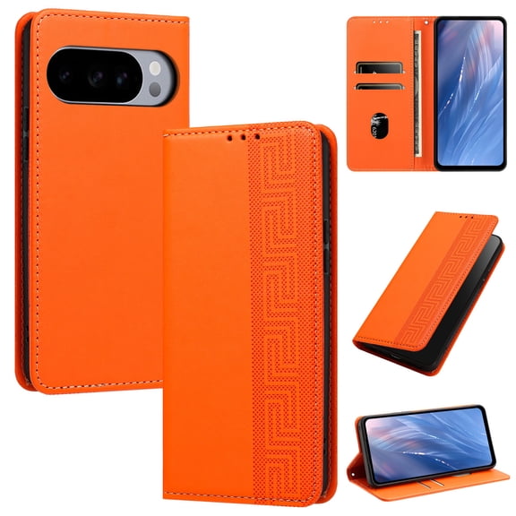 Magnetic PU Leather Wallet Case for Google Pixel 10 Pro XL / Google Pixel 9 Pro XL, RFID Blocking Flip Phone Cover with Wrist Strap Card Slots Cash Pocket Kickstand Full Body Protection, Orange