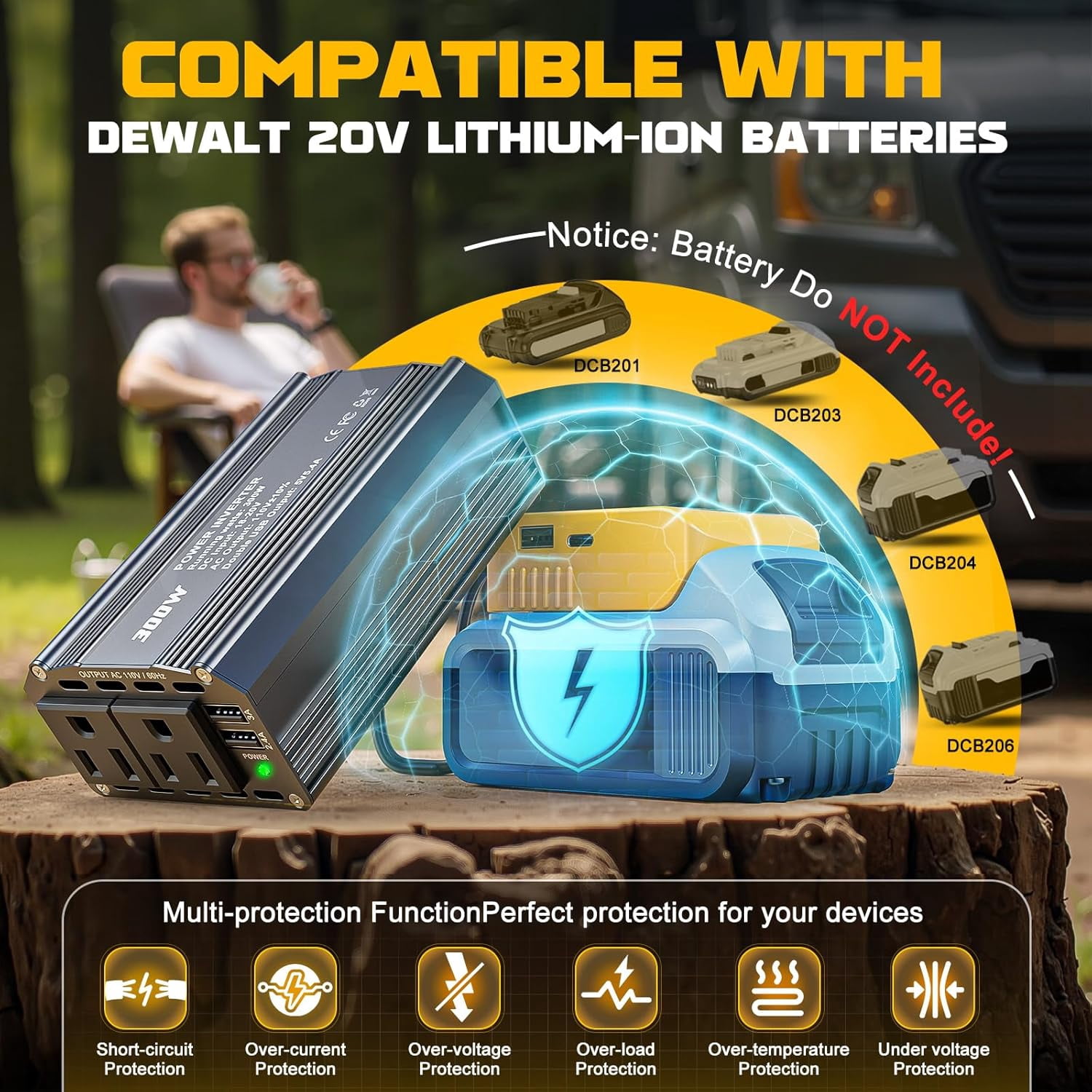 Power Inverter Compatible with De*walt 20V Battery,300W Portable Outdoor Battery Converter with 3USB 1Type C&2AC Outlets, for Camping, RV, and Emergency Power