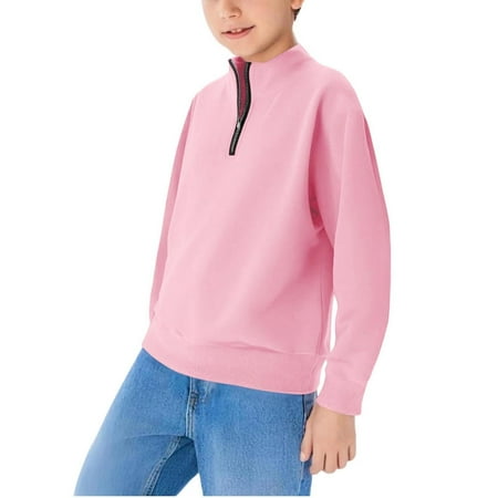 Blekii Boys Quarter Zip Sweatshirt Long Sleeve Pullover Casual Solid Top Pink 160