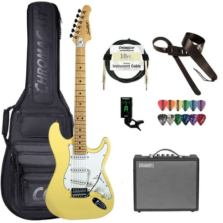 Sawtooth ES Series Electric Guitar Travel Bundle with Portable 10-Watt Amp, ChromaCast Pro Series Bag, Cable, Tuner & Picks, Vanilla Cream w/ White Pickguard