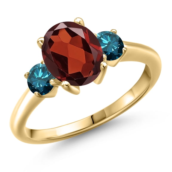 Gem Stone King 10K Yellow Gold Red Garnet and Blue Diamond Engagement Ring for Women | 2.67 Cttw | Oval 9X7MM | Gemstone January Birthstone | Size 6