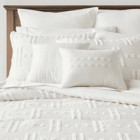 8 Piece King Comforter Set Tufted Broken Stripe Bedding Set with Bed Skirt Decorative Pillows White