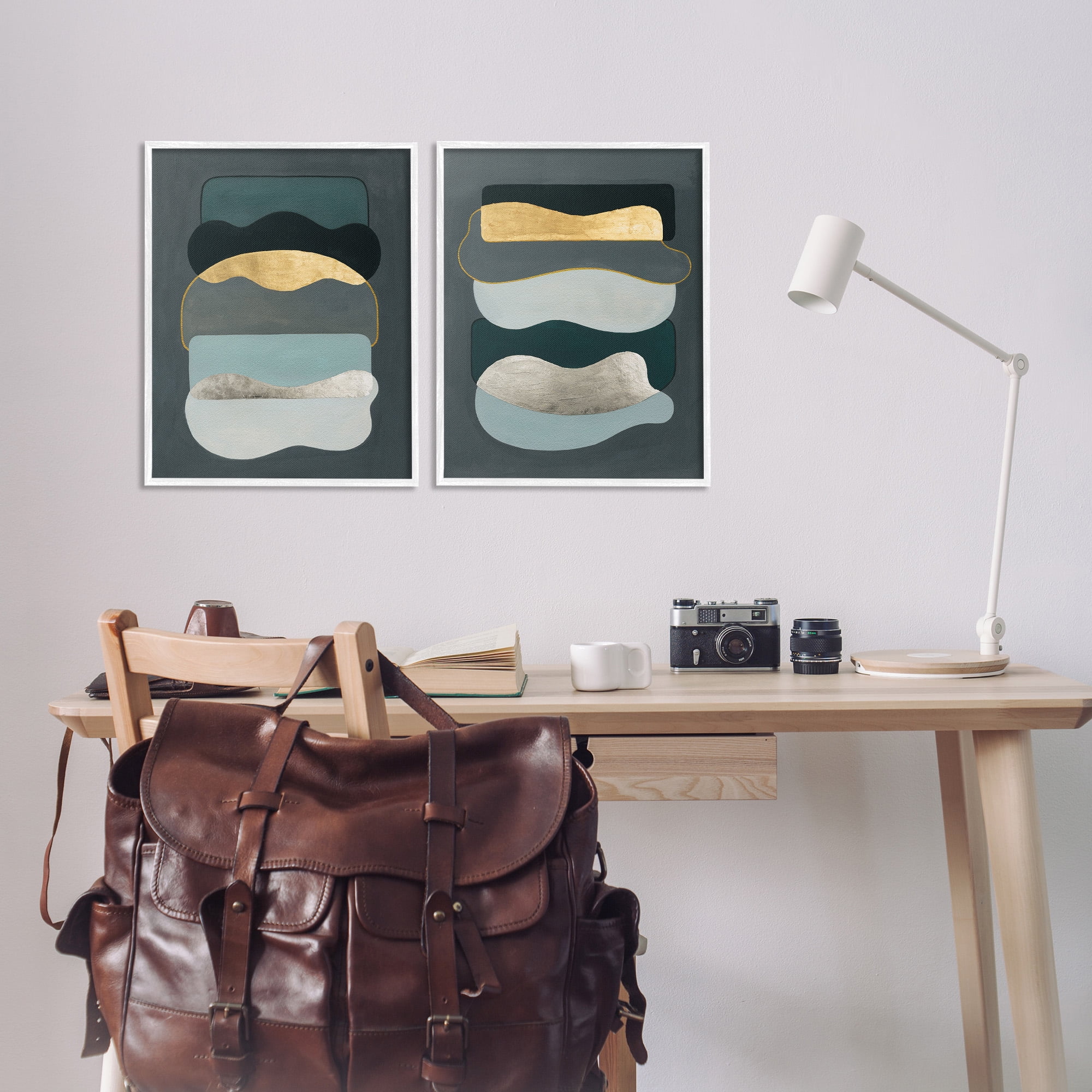 Stupell Industries Shapes with Glam Details Abstract Painting White Framed Art Print Wall Art, 16 x 20, Set of 2