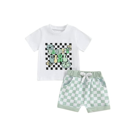 

Mioliknya Baby Girl Summer Set Short Sleeve Flower Tops + Checkerboard Shorts