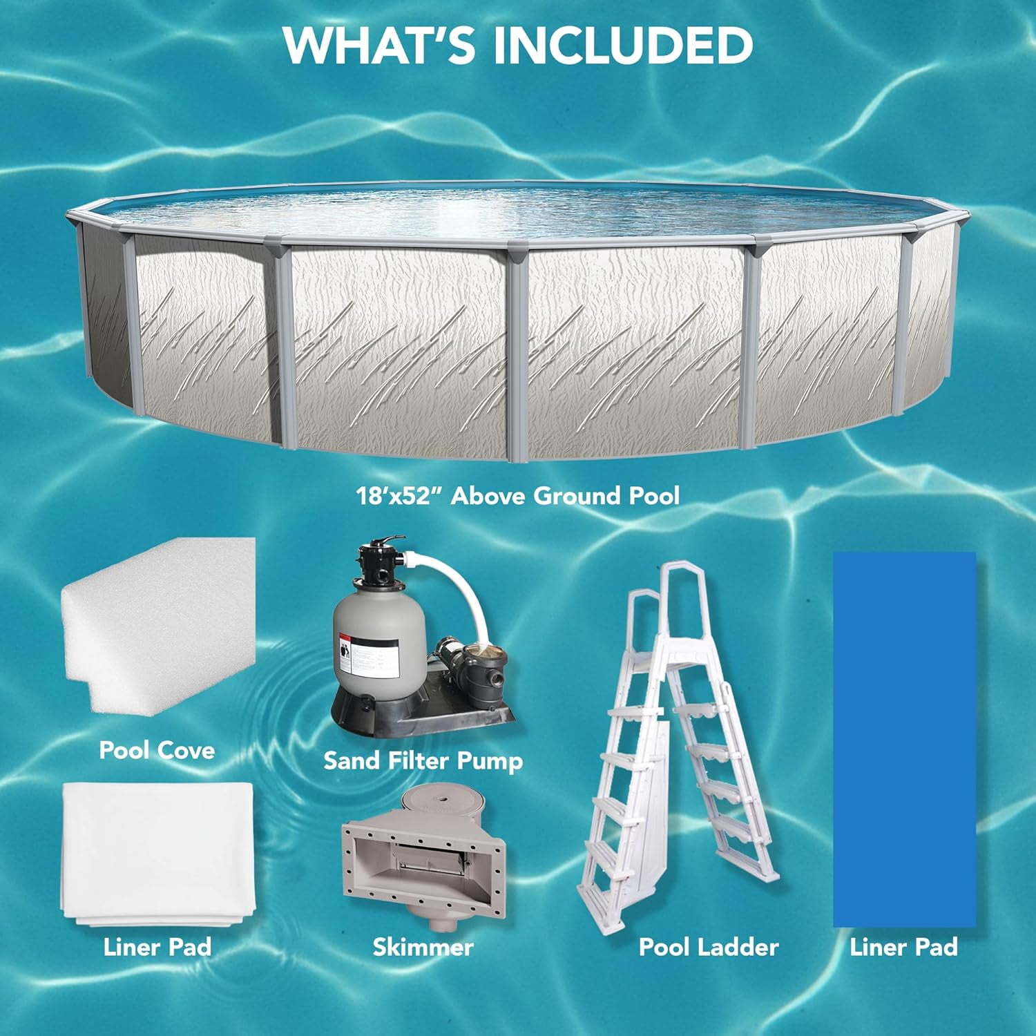 Puri Tech 18' x 52" Lakeview Above Ground Swimming Pool Set with Liner, Filtration System, Skimmer, Ladder and Winter Cover for Complete Backyard Swimming Pool Setup