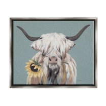 Stupell Industries Highland Cattle Biting Sunflower Bloom Painting Luster Gray Floating Framed Canvas Print Wall Art, Design by Michele Norman