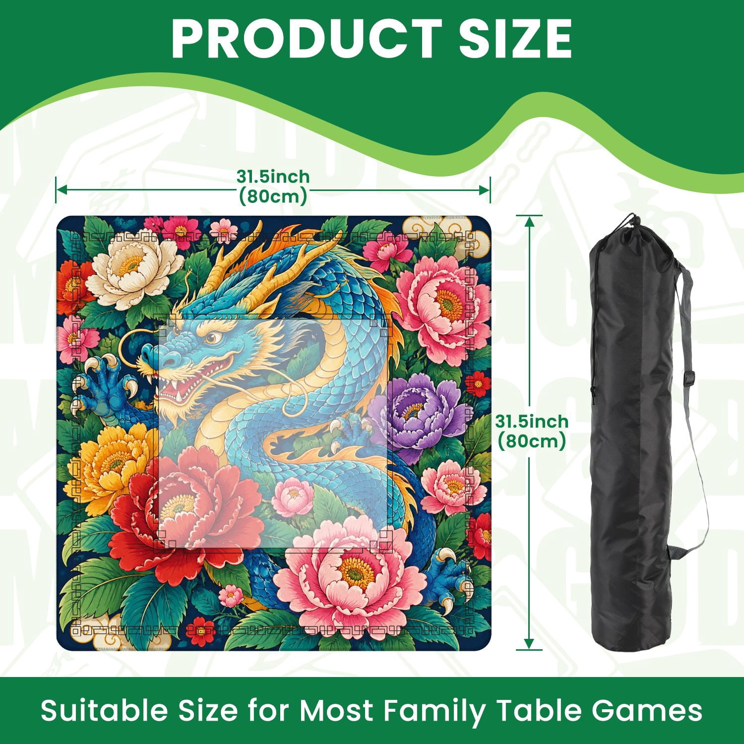 Mahjong Mat 31.5" x 31.5" Vibrant Amid Colorful Peonies Traditional Asian Style Non-Slip Noise Reduction American Mahjong Tiles Table Cover for Dominoes Poker Card Board Games Gift