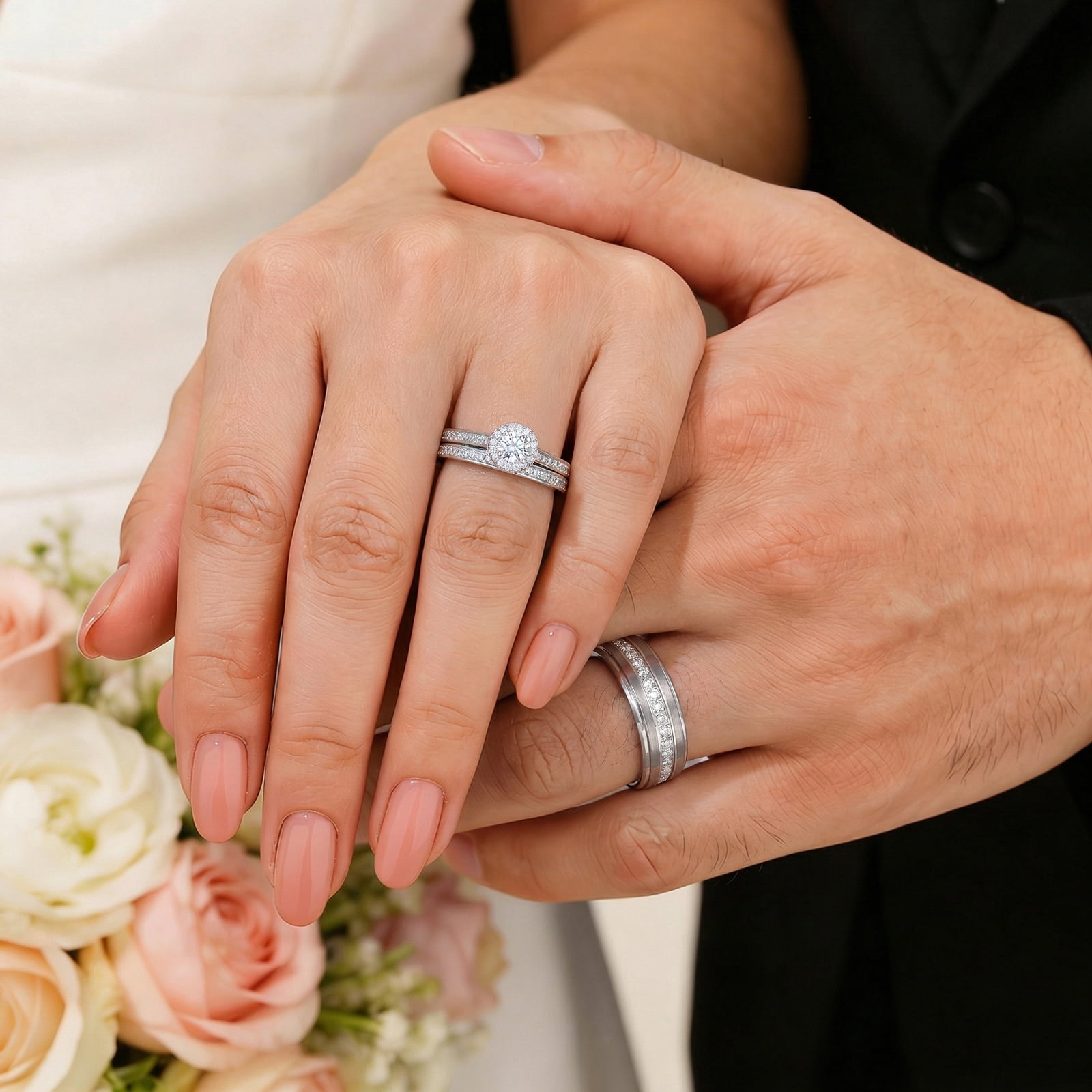 Newshe Wedding Rings Set for His and Hers Women Mens Tungsten Wedding Bands Round Cz 3Ct Couple Rings Size 9&7
