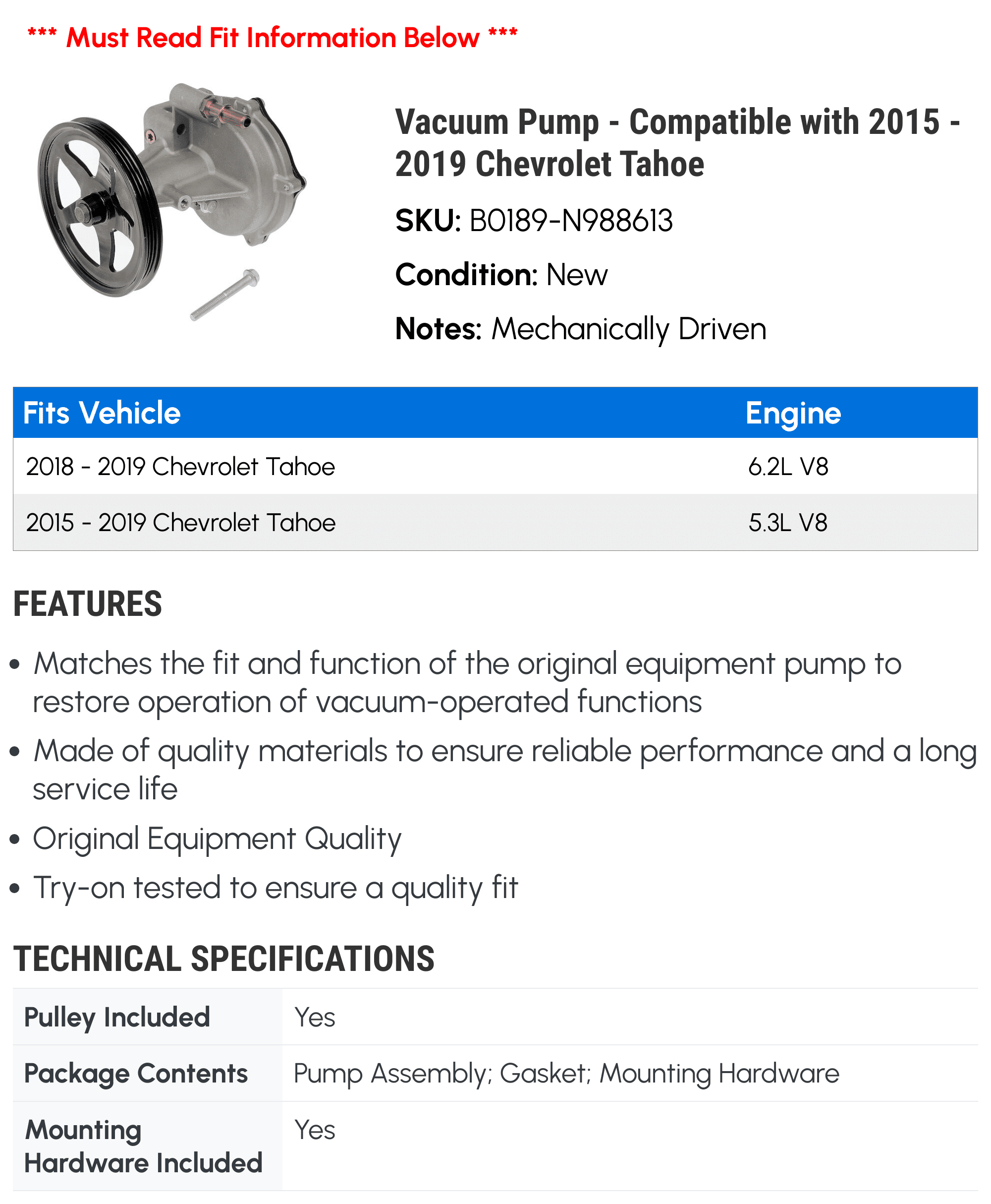 Vacuum Pump - Compatible with 2015 - 2019 Chevy Tahoe 2016 2017 2018