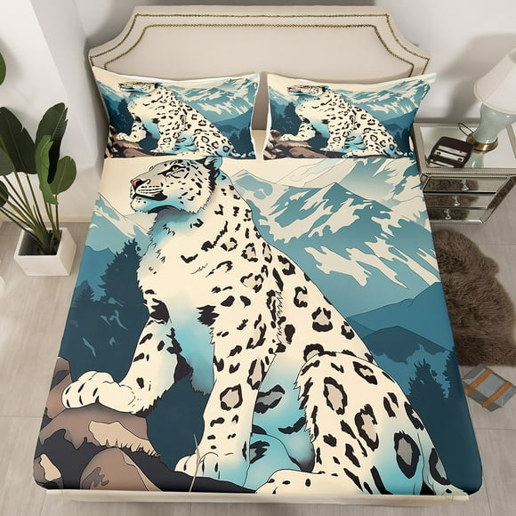 Leopard Print Bedding Set Cheetah Wild Animal Bed Sheets Safari Watercolor Print Fitted Sheet, 3D Cartoon Animal Theme Sheets Full 3Pcs, 1 Fitted Sheet 2 Pillowcases