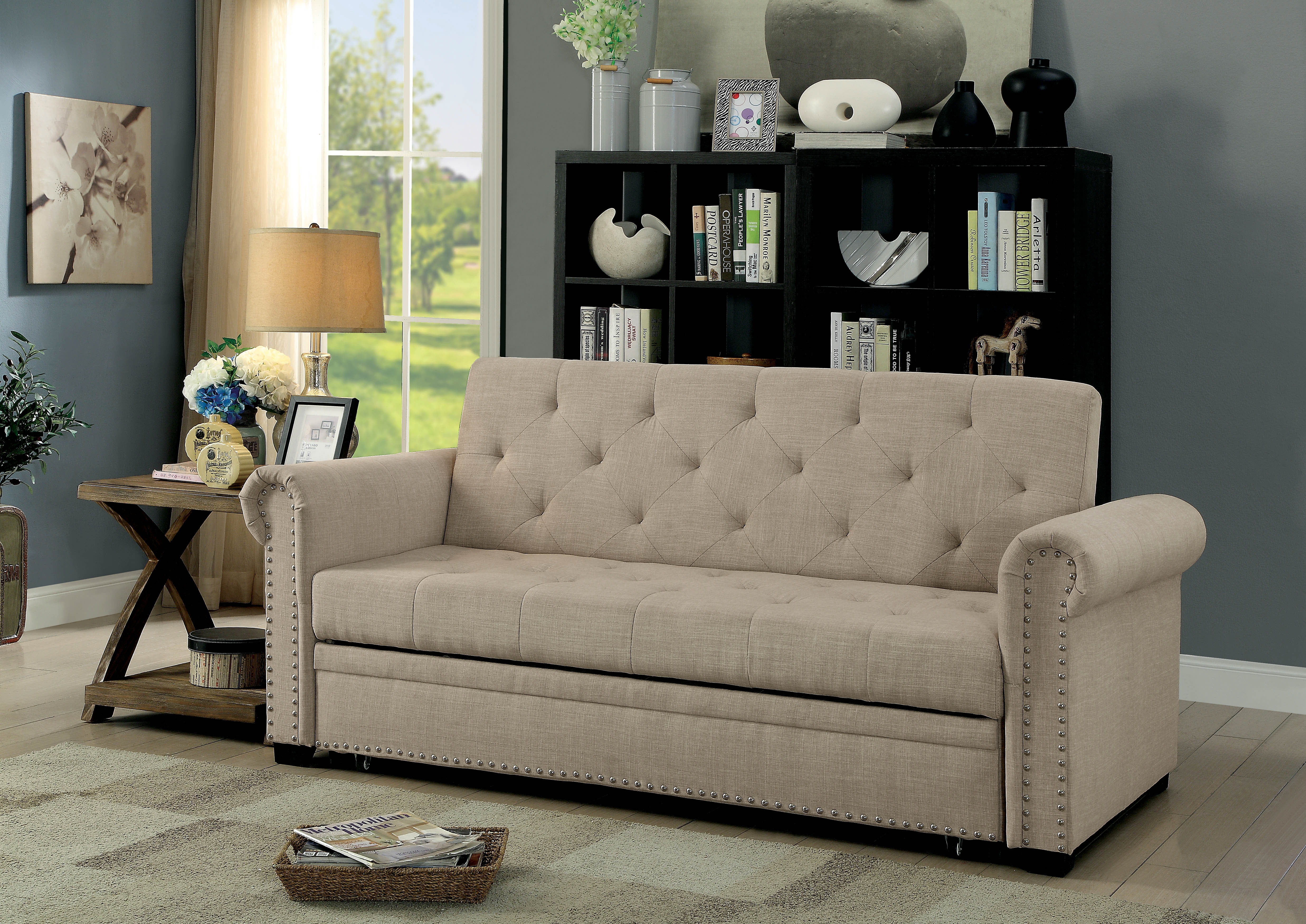 Furniture of America Transitional Linen Lucille Futon Sofa, Beige