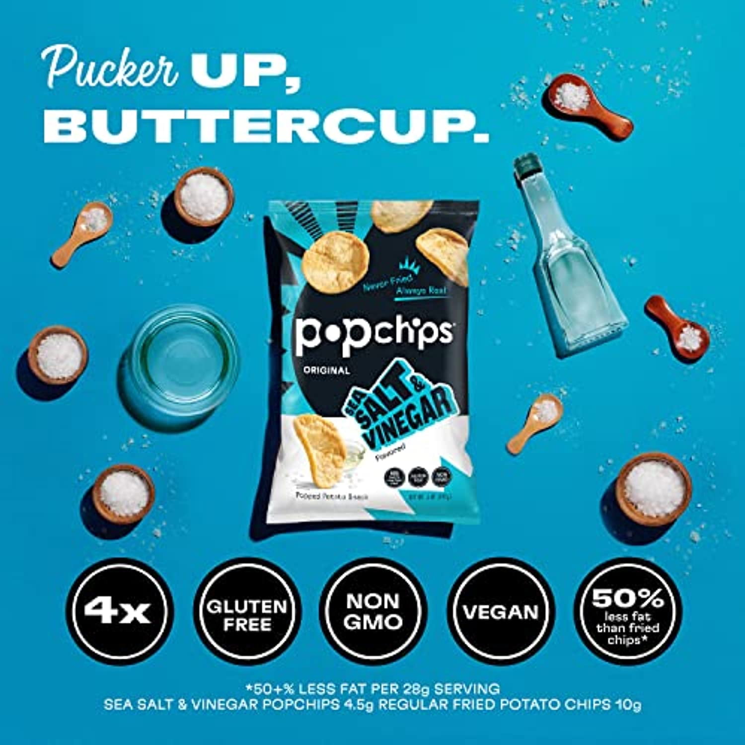 Popchips Potato Chips, Sea Salt & Vinegar, 4Ct 5.0Oz Share Bags, Low-Calorie, Gluten Free, Healthy Snacks For Adults And Children, Non-Gmo, Vegan & Kosher Friendly, 130 Calories Per Serving
