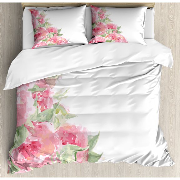 Peony Duvet Cover Set King Size, Watercolor Romantic Flower Leaves on Plain Background, Decorative 3 Piece Bedding Set with 2 Pillow Shams, Pale Ruby Pale Green Pale Pink and Rose, by Ambesonne