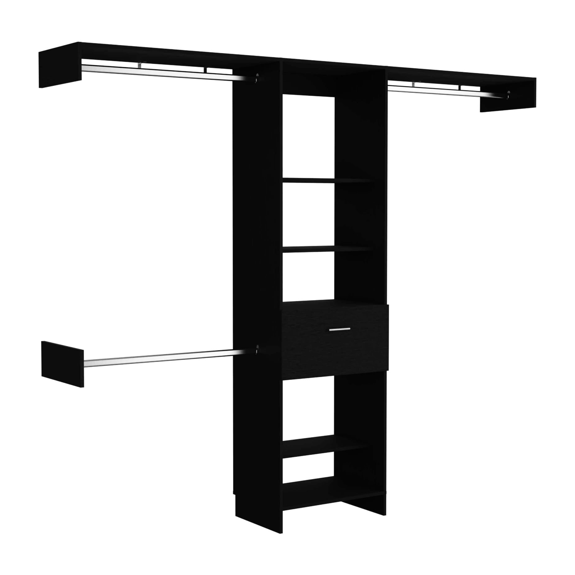 Black Closet System With One Drawer, Three Metal Rods, Five Open Shelf Visions In Color Shelves