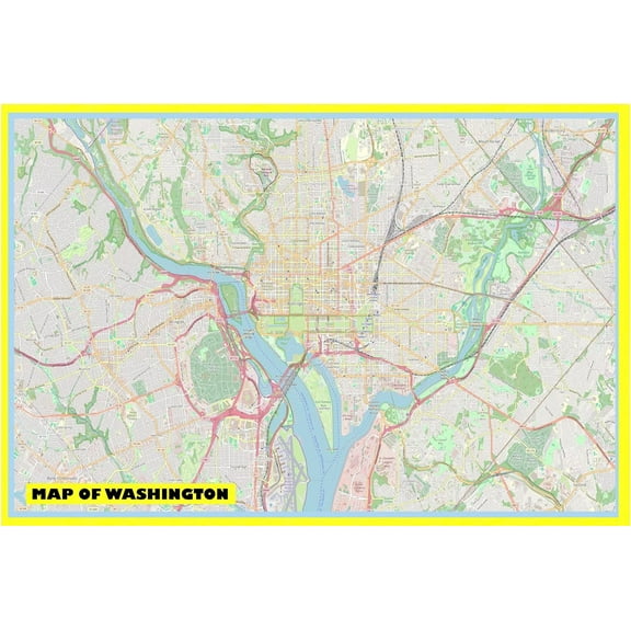 Map of Washington 18x24 with Neighborhoods, Streets, Roads, Highways and Parks - Laminated Wall Map Poster Print - Vivid Imagery with Bright Colors