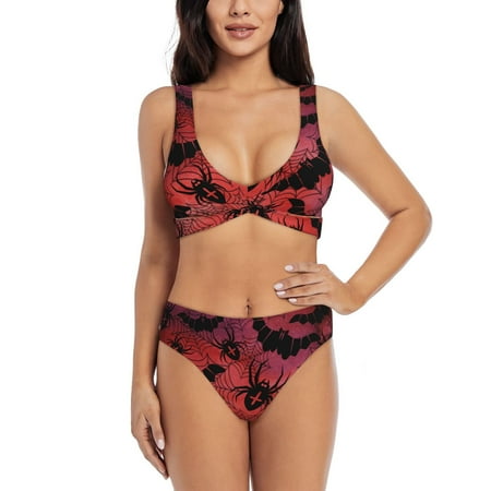 Zeuib Bats And Spiders High Waisted Tummy Control Bikini Set - Knot Front Push Up Top & Cheeky Thong Bottom  Two-Piece Swimsuit for Women-Medium