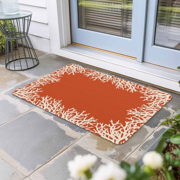 Coastal Coral Door Mat Indoor Outdoor, Orange White Ocean Marine Nautical Beach Non Slip Welcome Mat with Rubber Backing, Absorbent Fabric Front Door Mats Entryway Rug for Home Patio Entrance 24"x36"