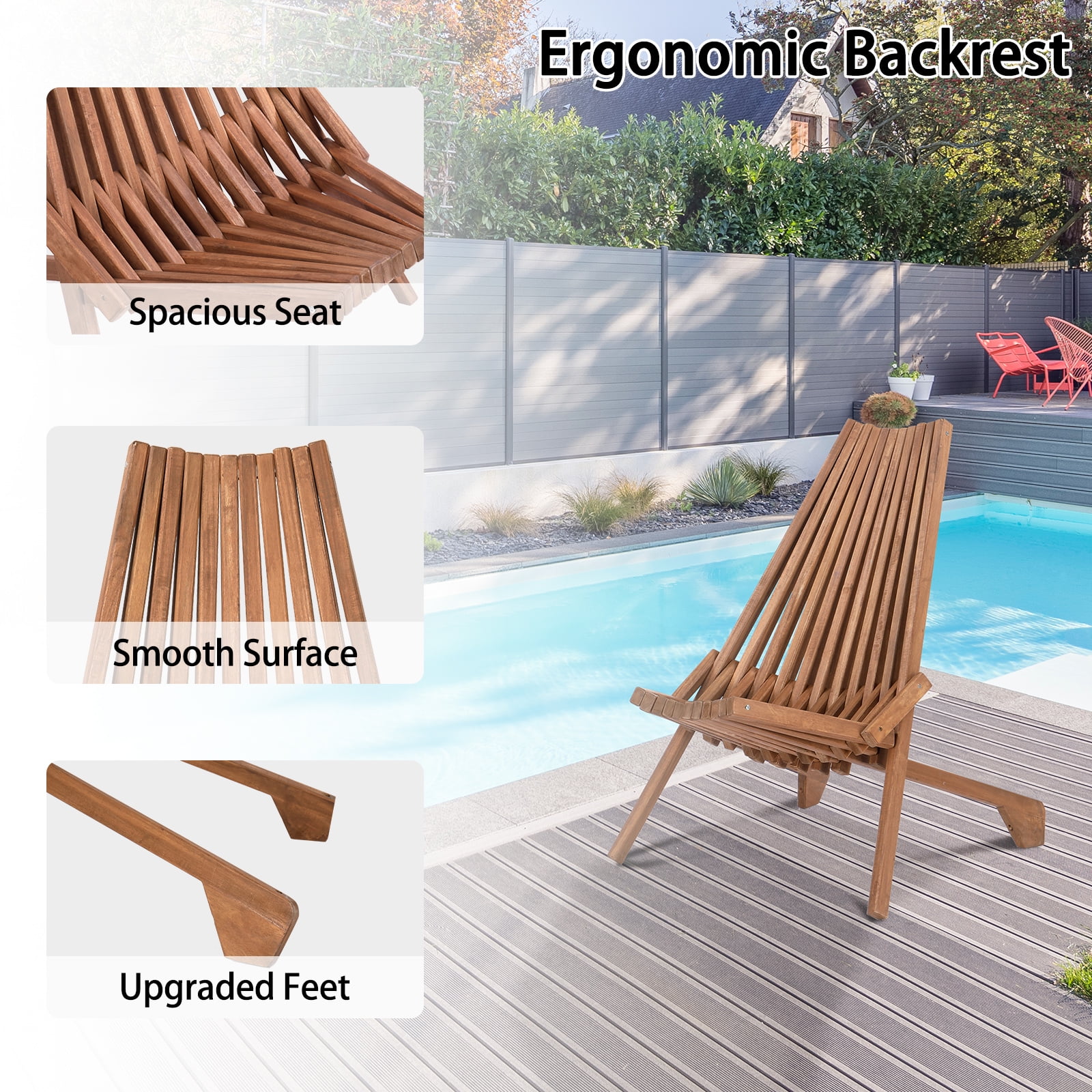 Acacia Wood Folding Chair, Natural Wood Color, Boho Chic Ergonomic Design, 400 lbs Weight Capacity, Foldable Portable Outdoor Chair for Balcony Patio Backyard Garden Lawn Porch
