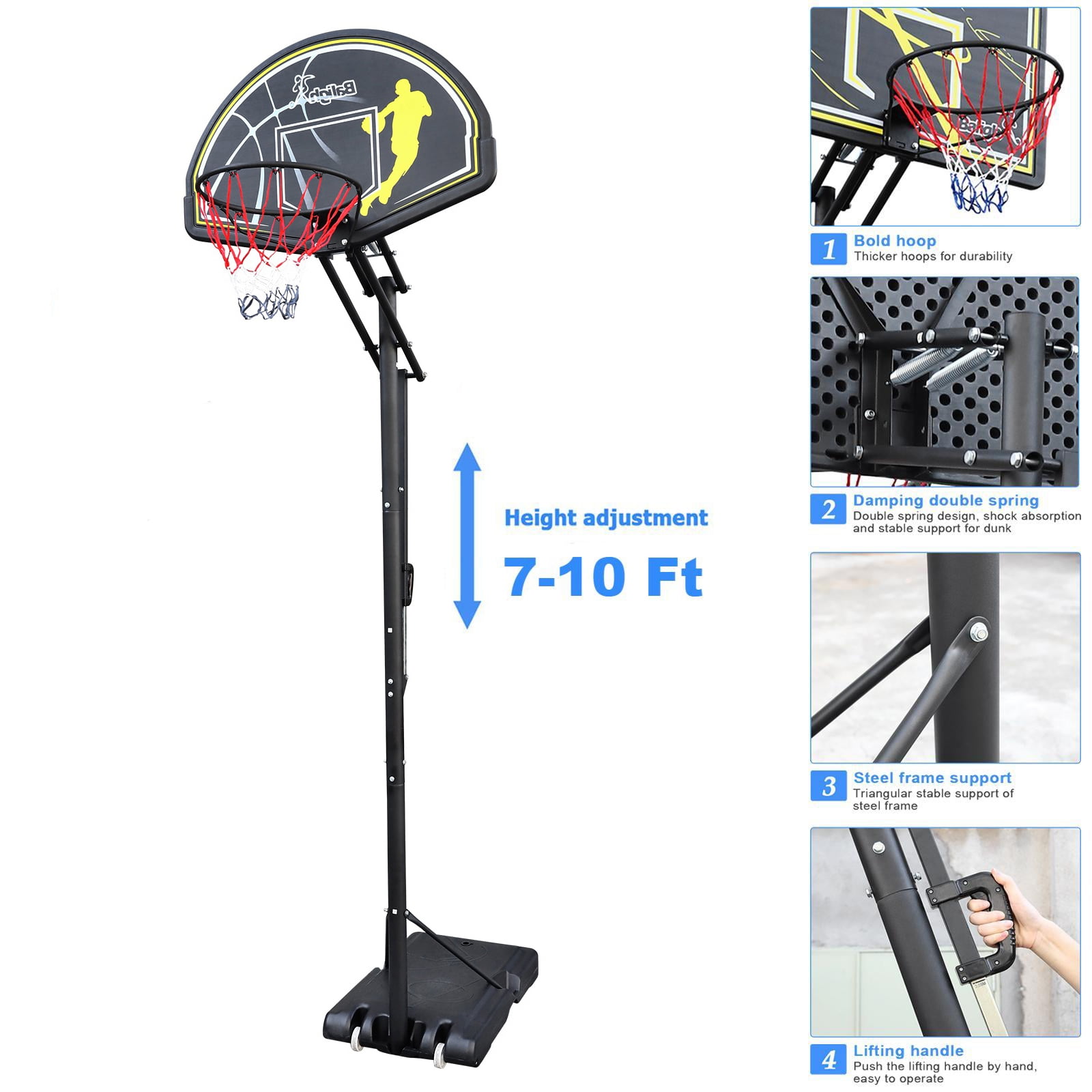 710ft Height Adjustable Basketball Hoop, 44in Portable Basketball Goal