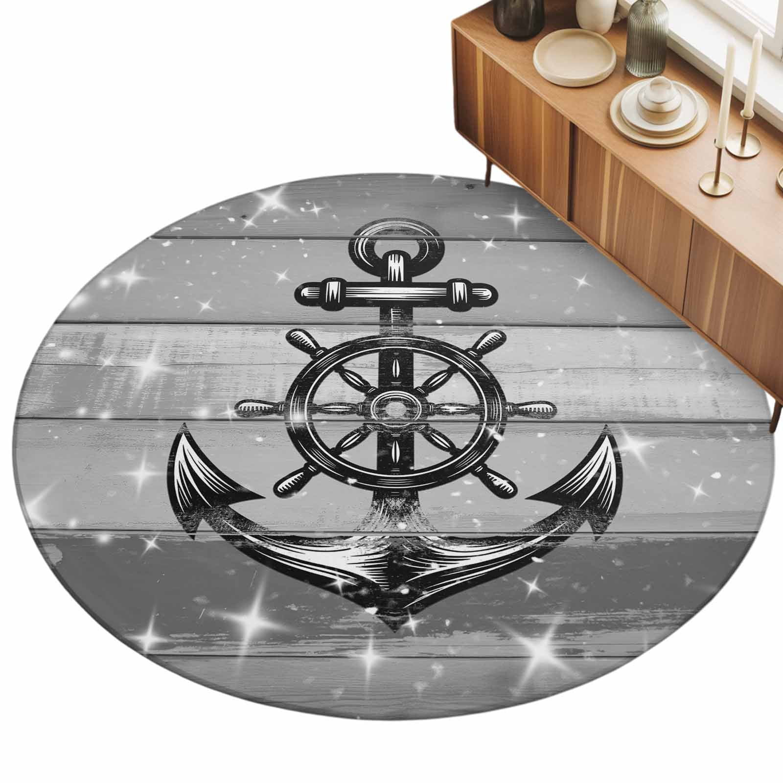 Small Round Rug 3Ft, Nautical Anchor Non-Slip Washable Circle Rugs Carpet, Rudder Stars Retro Black Grey Wooden Grain Indoor Outdoor Rug Floor Mats Throw Runner for Bedroom Living Room Bathroom