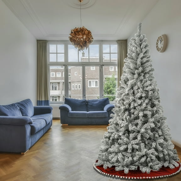 7.5 ft Acacia Flocked Artificial Christmas Tree, Unlit, Hinged Branches, Includes Metal Stand