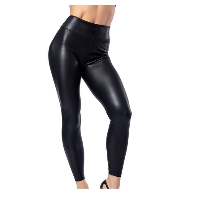 Leggings de cuero de cintura alta para mujer - Pantalones disco brillantes con efecto mojado, material PU