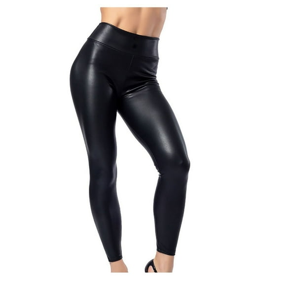Women Butto Leggings Leather Wet Look Shiny Disco High Waist Trouser Pants