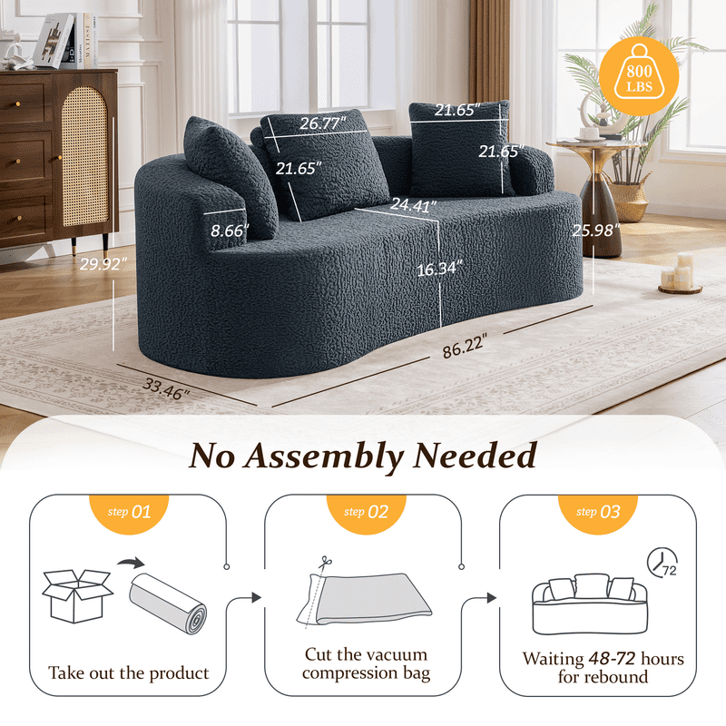 ATHOPE 86" Curved Cloud Couch, Boneless Sofa for Small Space, Plush Teddy Fabric Modern Couch with 3 Throw Pillows, Comfy Floor Love Seat for Living Room, Bedroom, Blue