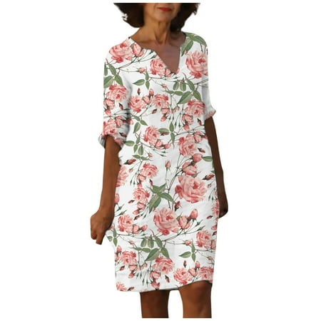Blphud Hot Summer Dress Womens Short Sleeve Dresses Women Dresses Flowy Half Sleeve Knee Length Beach Dress V Neck Casual Dress for Women Summer Maxi Dress Casual Loose Hot Pink XL