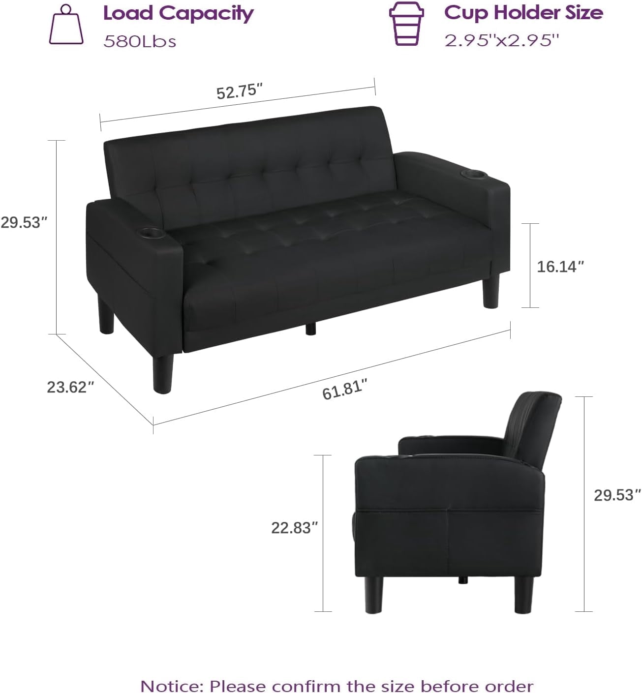 Coewske 62''W Faux Leather Sofa Couch Tufted Loveseat w/ 2 USB Charger Ports & Cup Holders Black