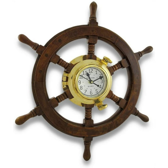 Nagina International Nautical Oak Ship`s Wheel Brass Porthole Wall Clock 18 in.