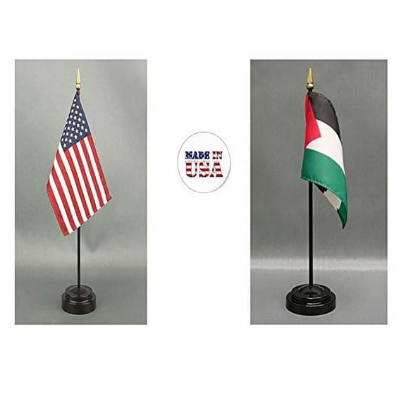 Made in The USA. 1 American and 1 Palestine Rayon 4"x6" Miniature Office Desk & Little Hand Waving Table Flag, Includes 2 Flag Stands & 2 Small 4"x6" Mini Stick Flags